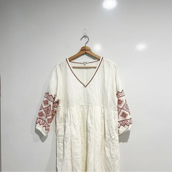Madewell Linen Embroidered-Sleeve Popover Midi Dress